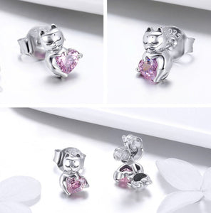 Cat & Pink Heart Earrings in Sterling Silver