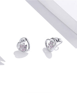 Pink Heart Paw Earrings in Sterling Silver