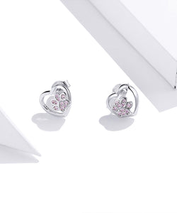 Pink Heart Paw Earrings in Sterling Silver