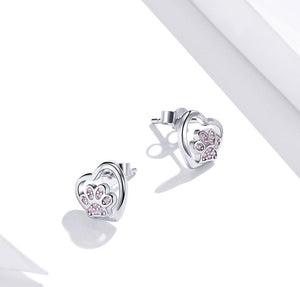 Pink Heart Paw Earrings in Sterling Silver