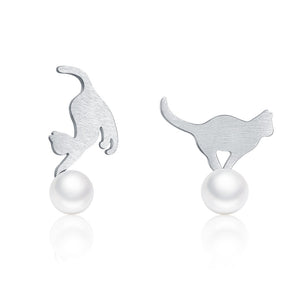 Sterling Silver Playful Cat Earrings with Pearl