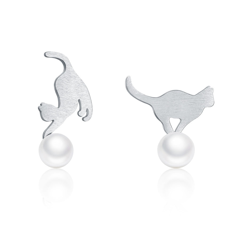 Sterling Silver Playful Cat Earrings with Pearl