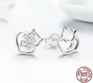 Sterling Silver 925 Cute Cat Small Earrings