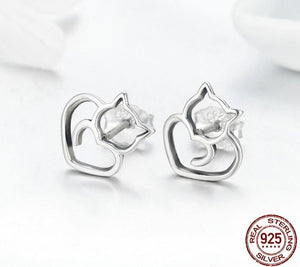 Sterling Silver 925 Cute Cat Small Earrings