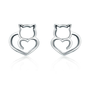 Sterling Silver 925 Cute Cat Small Earrings