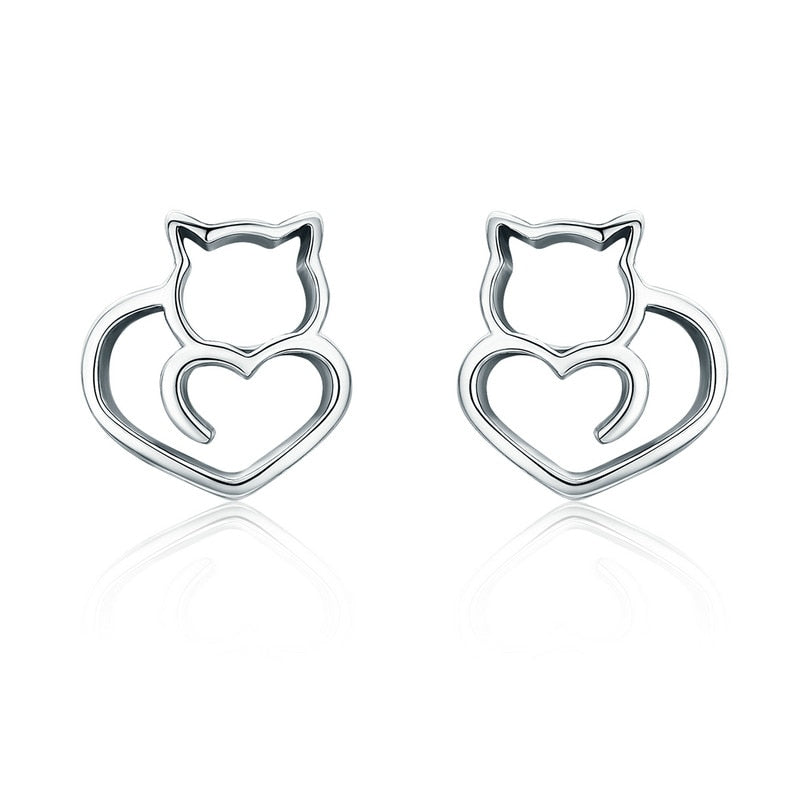 Sterling Silver 925 Cute Cat Small Earrings