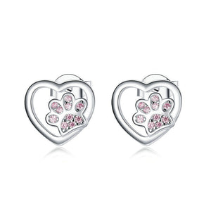 Pink Heart Paw Earrings in Sterling Silver