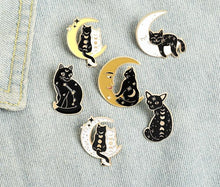 Load image into Gallery viewer, White and Black cat on yellow moon brooch
