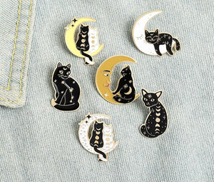 White and Black cat on yellow moon brooch