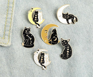 Yellow Moon Cat Black Cat Brooch