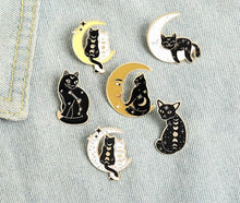 Load image into Gallery viewer, Black cat on white moon gold brooch
