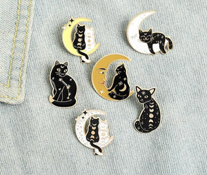 Black cat on white moon gold brooch