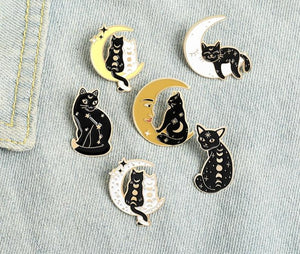 Black cat on white moon gold brooch