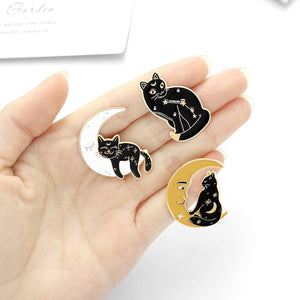 Witchy Cat Brooches in Black and Gold