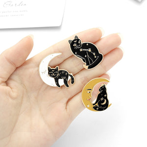 Black cat on white moon gold brooch