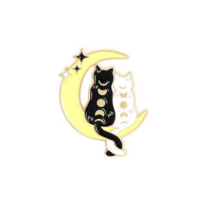 White and Black cat on yellow moon brooch