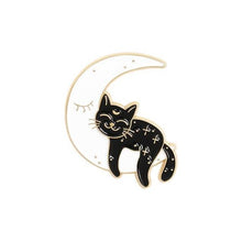 Load image into Gallery viewer, Black cat on white moon gold brooch
