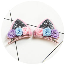Load image into Gallery viewer, Silver Glitter &amp; Rose bud Cat Ear Hair Clip
