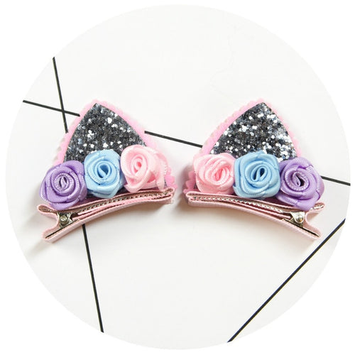 Silver Glitter & Rose bud Cat Ear Hair Clip