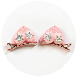 Pink Cat Ear Hair Clip with Silver Stars