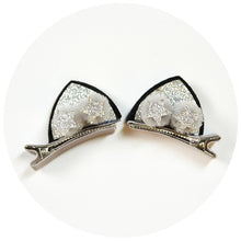 Load image into Gallery viewer, Silver Cat Ear Hair Clip with Silver Stars
