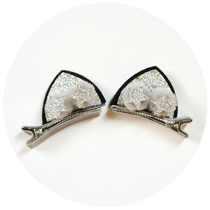 Silver Cat Ear Hair Clip with Silver Stars