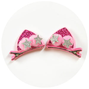 Hot Pink Cat Ear Hair Clip with Silver