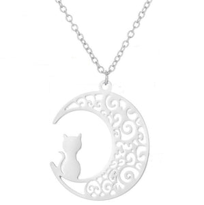 Silver Moon Cat Necklace
