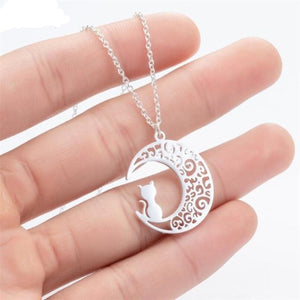 Silver Moon Cat Necklace