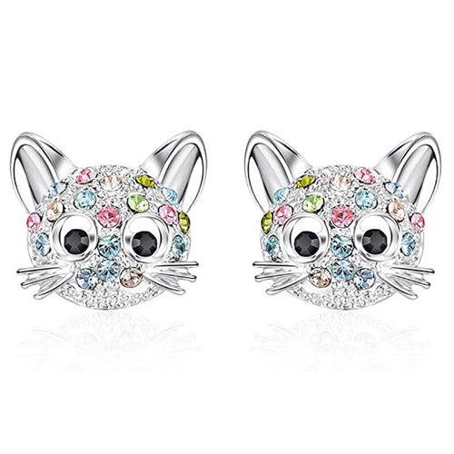 Rainbow Cat Earrings with Rhinestones and Sterling Silver