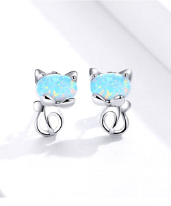 Opal Cat Stud Earrings Sterling Silver
