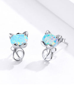 Opal Cat Stud Earrings Sterling Silver