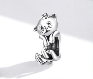  Crazy Cat Charm for bracelet in Sterling Silver