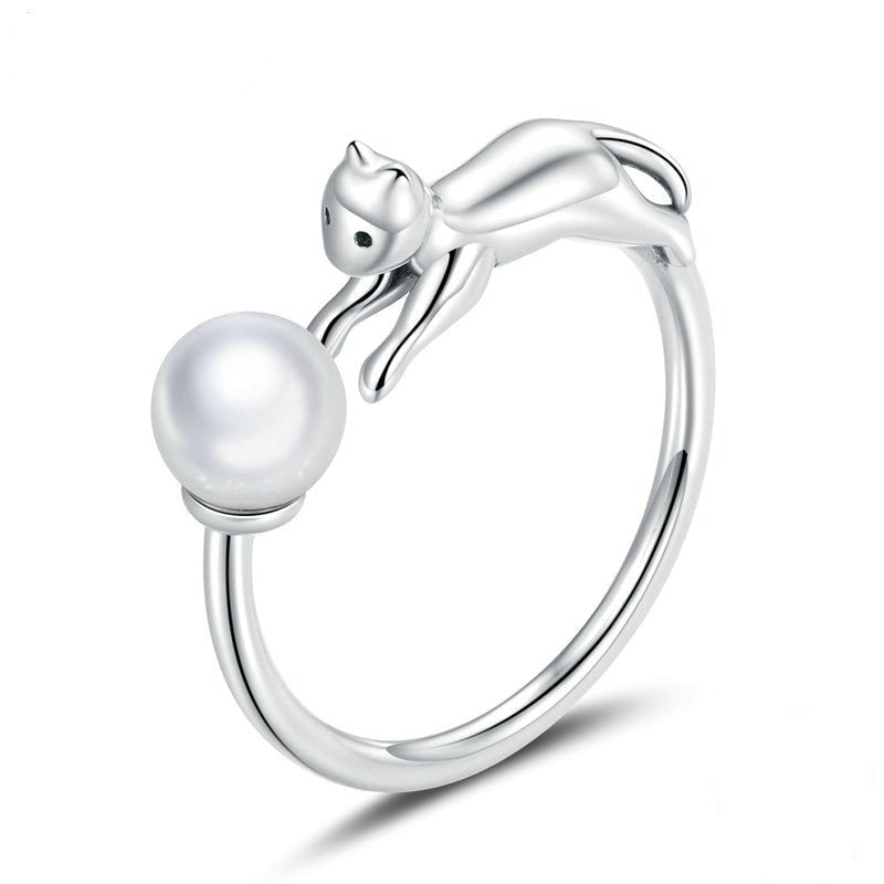 Leaping Cat Ring Sterling Silver and Pearl