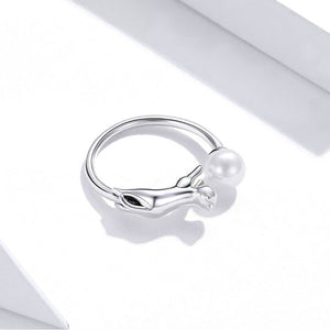 Leaping Cat Ring Sterling Silver and Pearl