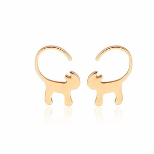 Gold Curly Tailed Cat Stud Earrings