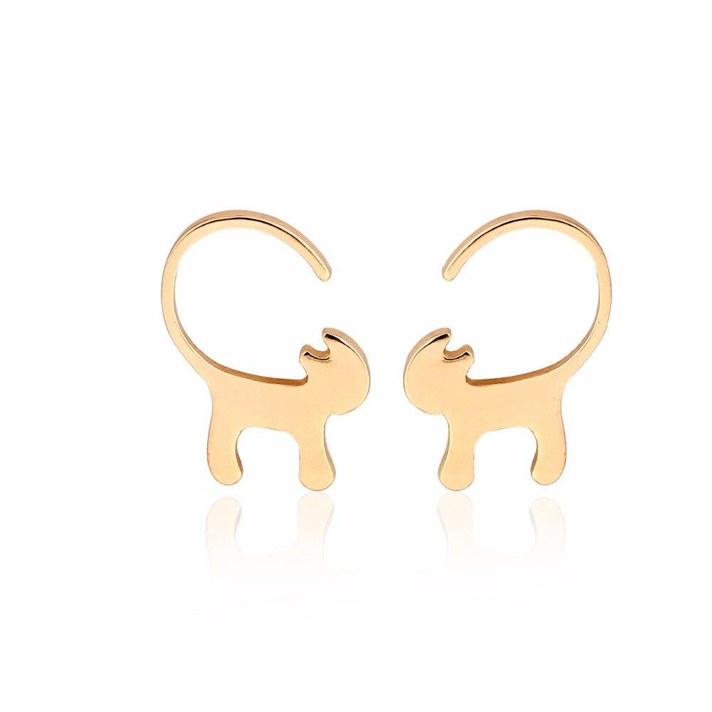 Gold Curly Tailed Cat Stud Earrings