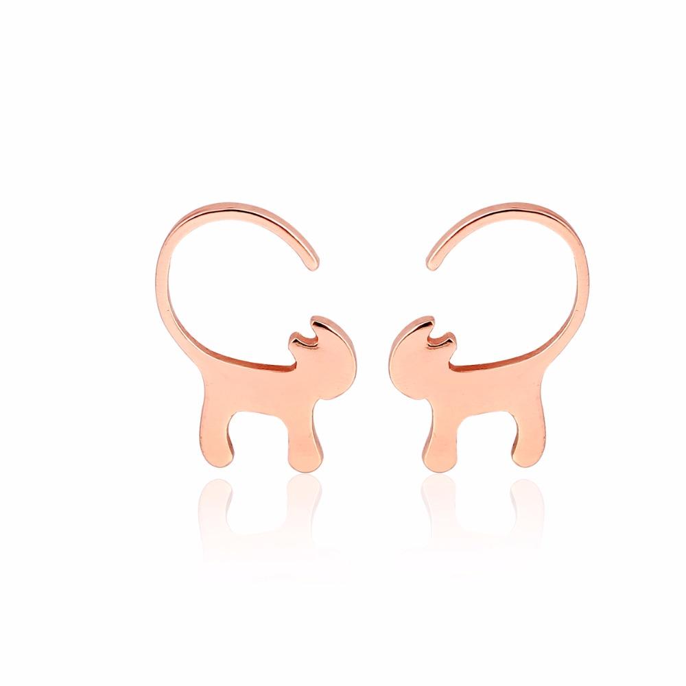Rose Gold Curly Tailed Cat Stud Earrings
