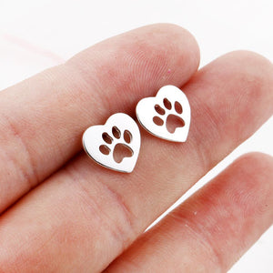 Silver Paw in Heart Stud Earrings