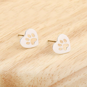 Silver Paw in Heart Stud Earrings