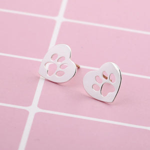 Silver Paw in Heart Stud Earrings