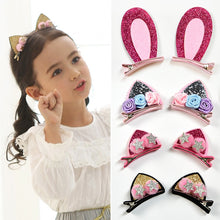 Load image into Gallery viewer, Silver Glitter &amp; Rose bud Cat Ear Hair Clip
