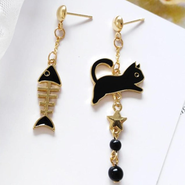Cat & Fish Earrings Black