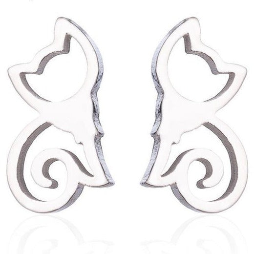 Seated Cat Silver Stud Earrings